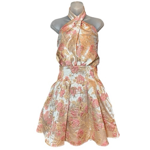 ASOS LUXE Curve Halter Swing Dress Size 18 Metallic Pink Gold Jacquard Floral - Picture 3 of 10